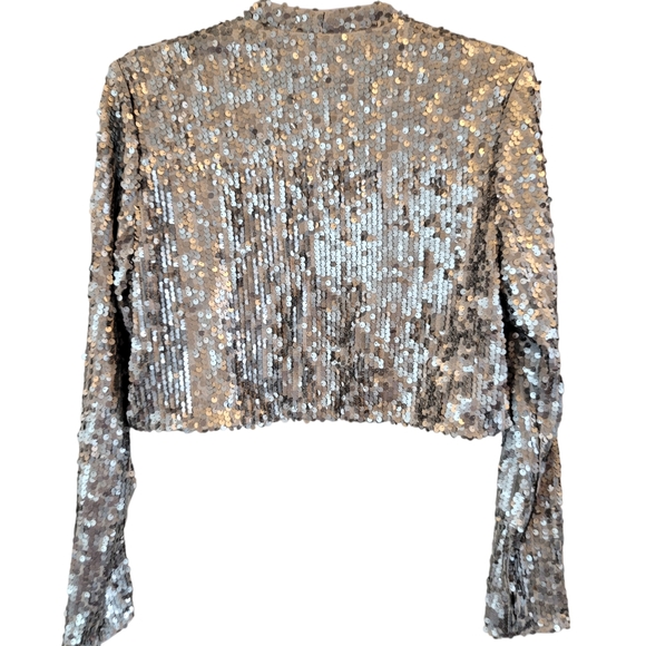 Onyx Nite Gray Silver Full Sequin Long Sleeve Bolero Cropped Open Front Jacket - Picture 2 of 6